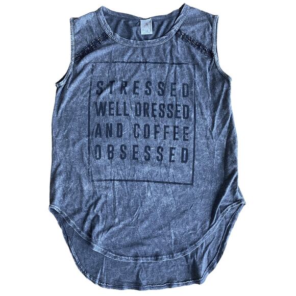 American Age Graphic Tank XS Stressed Well Dressed Coffee Obsessed Quote Top Fun - Picture 1 of 7